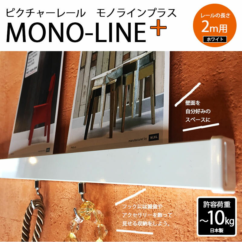 【4/24 20時～P5倍＆最大2000円OFFクーポン】ホワイト ピクチャーレール MONO-LINE+ 許容荷重3kg(石膏クギ使用時) 10kg(木ネジ使用時) 2m 専用フック4個 石膏クギ入りまたは木ネジ取り付け