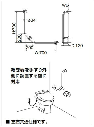 LIXIL 手すり 壁固定 L型 多用途用 長さ:500×282×500mm φ34 前出:120mm 樹脂被覆タ...