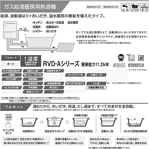 リンナイ 熱源機 本体のみ 床暖房3系統・熱動弁外付 1温度 暖房能力11.2kW アルコーブ設置型 フルオート 20号 ユーロホワイト RVD-A2000AA(B) - 2