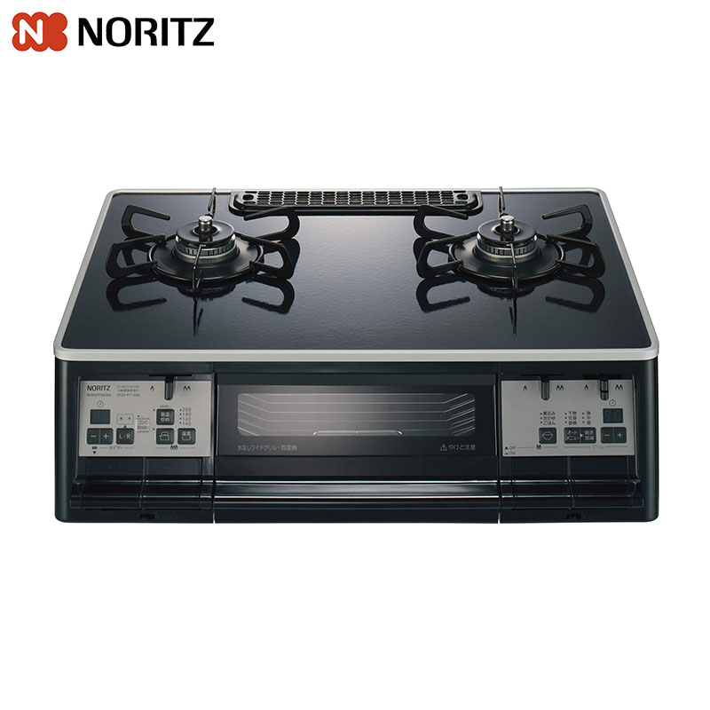 ノーリツ テーブルコンロ 59cm ガラスコートトップ:クリアパールブラック 全面パネル:ブラック ごとく:ホーロー すっきりクリーンゴトク 無水両面焼グリル NLW2297ACBAL/R