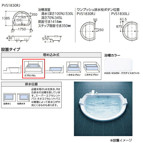 リフォームネクストの【送料無料】TOTO ●浴槽 スーパーエクセレントバス 埋込浴槽 1750サイズ ワンプッシュ排水栓式 エアブロー2 ブローバスSX2 握りバー1本 ソフトピロー付 パラダイスホワイト PVU1830R/LJK#369N｜アングル2