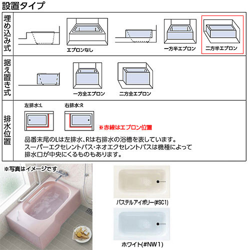 リフォームネクストの【送料無料】TOTO ●浴槽 ポリバス 埋込浴槽 いたわり浴槽 1400サイズ 二方半エプロン ゴム栓式 PYS1412R/L｜アングル2