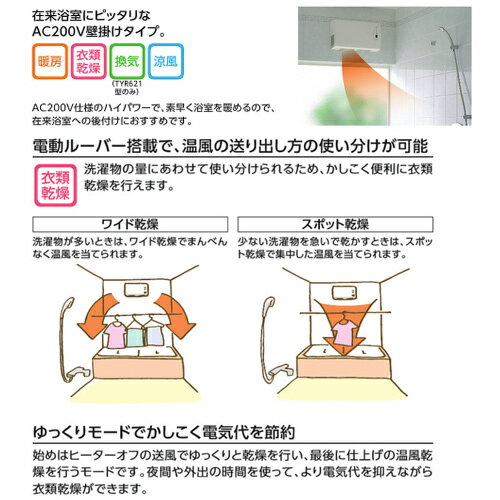 【3年あんしん保証付】【送料無料】TOTO 浴室換気暖房乾燥機 三乾王 TYR600シリーズ 換気扇連動型 1室暖房タイプ 200V 壁掛けタイプ 防水リモコン付 戸建住宅用 TYR620R 3