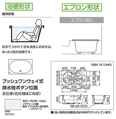 リフォームネクストのLIXIL ●浴槽 イデアトーン 埋込浴槽 1600サイズ 和洋折衷タイプ エプロンなし プッシュワンウェイ ハンドグリップ アームレスト ベンチ付 ホワイト SBN-1610HPL/R/ASW｜アングル3