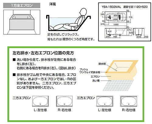 リフォームネクストのLIXIL ●浴槽 洋風バス 据置浴槽 洋風タイプ 1500サイズ 1方全エプロン 給湯専用品 YBA-1502MAL/R/***｜アングル2