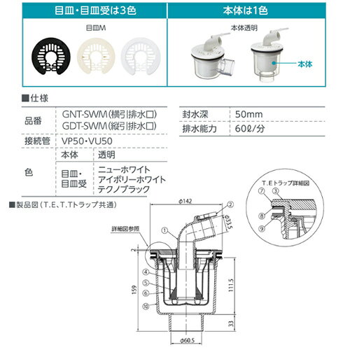 テクノテック 防水パン用排水トラップ T.Eトラップ 縦型 TPD・TPW用 本体:透明 目...