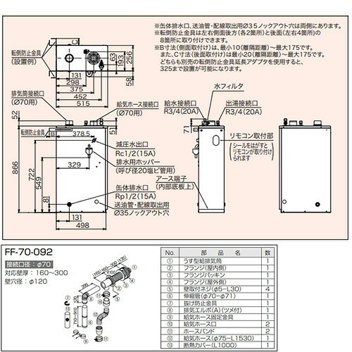 リフォームネクストのCHOFU 石油給湯器 本体+FF用給排気筒付属 給湯専用 手動 減圧式 屋内据置型 上方排気 強制給排気 3万キロ IB-3867FG｜アングル3