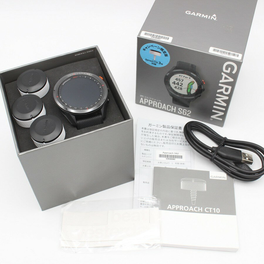 【美品】GARMIN Approach S62 Black 010-02200-22 CT10セット ゴルフナビ スマートウォッチ ガーミン アプローチ 本体 【中古】