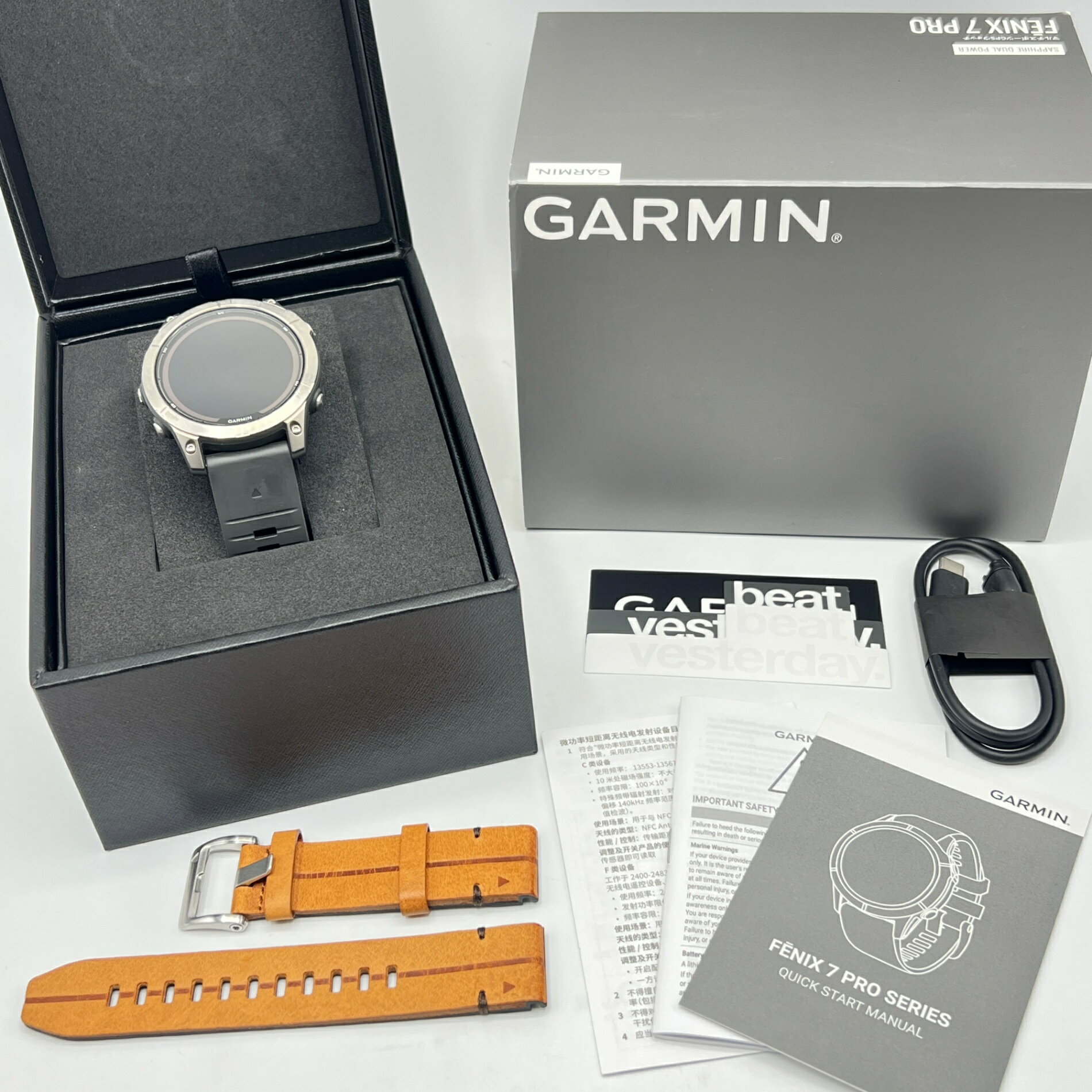 【ポイント2倍&クーポン！BLACK FRIDAY】GARMIN fenix 7 Pro Sapphire Dual Power 010-02777-82 Ti Carbon Gray/Chestnut Leather Band スマートウォッチ ガーミン フェニックス プロ デュアルパワー 本体 【中古】
