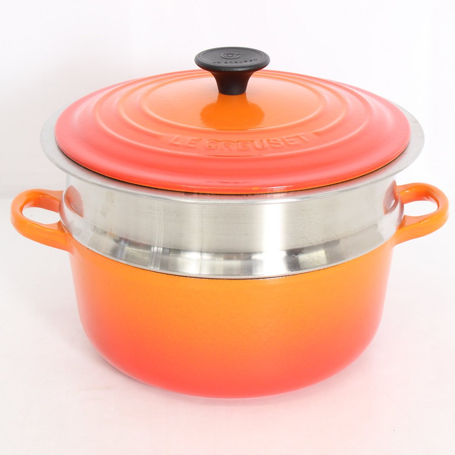 乐天商城 - 【美品】ル・クルーゼ ココット・ロンド 20cm オレンジ 専用スチーマー付 Le Creuset ホーロー鍋 両手鍋 本体 【中古】