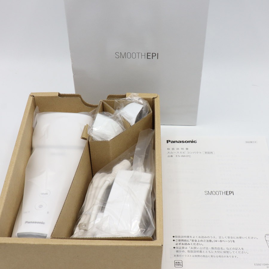 ■商品名 【新品】パナソニック 光エステ スムースエピ コンパクト ES-WH7C-W ホワイト 脱毛器 光美容器 Panasonic 本体 ■商品状態 【N】未使用品 ・新品未使用の商品ですが、開封可能状態のため確認も含めて開封して撮影をおこなっております。 ・元箱には配送時のダメージがございますが、製品への影響はございません。 ※複数の在庫をまとめて出品している商品ページとなるため、元箱へのダメージ箇所はお写真とは異なる場合がございますことをご了承のうえで、ご購入下さいませ。 ・自社で梱包して発送いたします。 ※付属品は画像にあるものが全てとなります。 ■元箱・説明書について ・元箱：あり ・説明書：あり ・保証書：あり（印字なし） ◆気になった時にすぐ使える、お手軽コンパクトモデル。 ■商品ランク説明 当店が定める商品ランクは下記の商品状態からランク分けをおこなっております。 【N】未使用品 【S】数回使用程度の美品 【A】大きなダメージもなく程度良好の美品 【B】一般的な使用感のある商品 【C】傷、汚れがあり使用感を感じるUSED品 【D】傷・汚れなどが多く見受けられる難有品 【E】ジャンク品 ■発送について ・佐川急便でお支払い確認後、2営業日以内に発送いたします。 ※沖縄県及び離島のお客様はゆうパックでの【着払い】となりますので予めご了承ください。 ■古物商許可証 【大阪府公安委員会：第621010150412号】 ■ご購入の前にお読みください ・当店の明らかな商品説明の記載ミス等でない限り、ご購入後の返金・返品等の対応はできません。 ・ご購入後、3日以上ご連絡が取れないお客様につきましては、誠に勝手ながら購入の意思なしと判断し、キャンセル扱いとさせていただく場合がございますので予めご了承ください。 ■返金・返品について ・購入した商品と異なる場合 ・説明欄に記載のない大きなダメージがあった場合 ・サイズや記載と違うお色の場合 ・初期動作不良があった場合 上記の内容に該当する場合のみ返金・返品をお受けいたします。 ※若干の状態の違いなどの個人的主観、ご注文間違いやスペックの認識の相違、思っていた商品と違うなど、個人的な理由での返品はお受けできません。 ■商品番号 MOP2PD6P1K9AI1X4