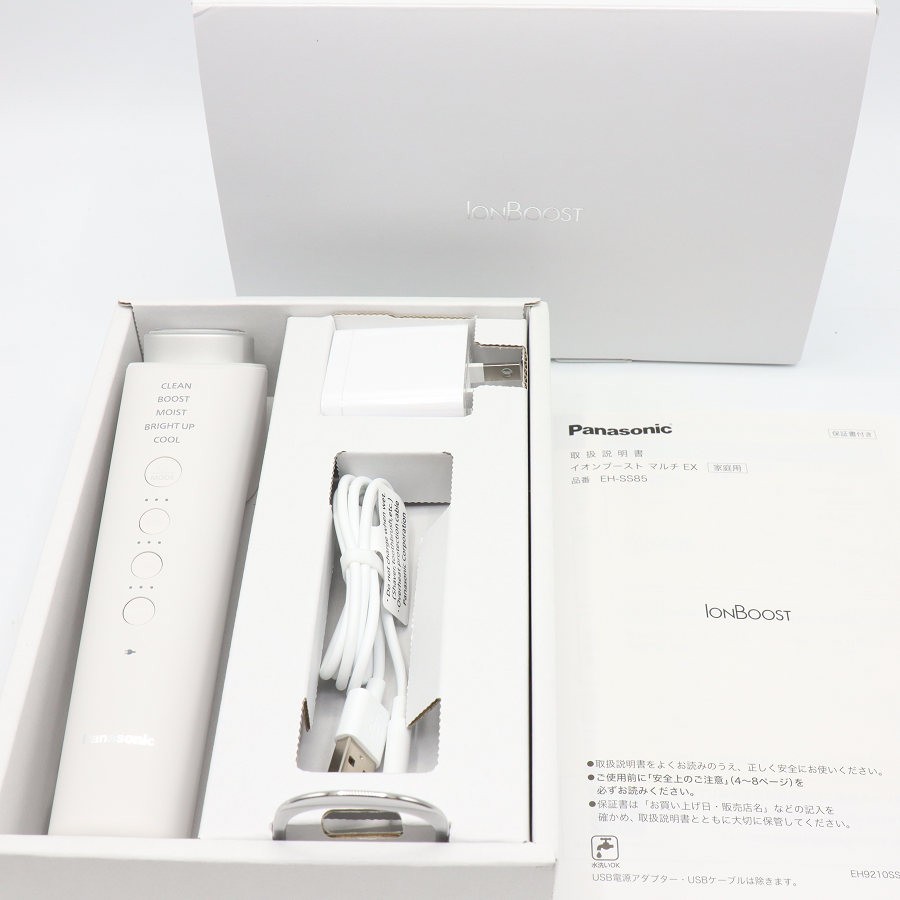 ■商品名 【美品】パナソニック イオンブースト マルチ EX EH-SS85-W ホワイト イオン美顔器 IONBOOST Panasonic 本体 ■商品状態 【A】大きなダメージもなく程度良好の美品 ・USED品ではございますが大きなダメージや汚れなどもなく状態の良い商品です。 ・購入日：2025年12月7日（保証書貼付用レシート記載｜ヨドバシカメラ） ・動作確認済みのためご購入後はすぐにご使用いただけます。 ・自社で梱包して発送いたします。 ※付属品は画像にあるものが全てとなります。 ■元箱・説明書について ・元箱：あり ・説明書：あり ・保証書：あり（印字なし） ◆「パワーブーストテクノロジー」で角層への高浸透ケアを行うイオン美顔器。独自の「デュアルダイナミックEMS」で表情筋を鍛える。 ◆ヒアルロン酸・コラーゲン・高機能ペプチドなどの分子の大きい美容成分が肌の奥、角層まで浸透。水洗いOKで手入れも簡単。 ◆角質や毛穴の汚れが気になるときの「CLEANモード」、高分子美容成分の角層への浸透を高めたいときの「BOOSTモード」など5つのモードを搭載。 ■商品ランク説明 当店が定める商品ランクは下記の商品状態からランク分けをおこなっております。 【N】未使用品 【S】数回使用程度の美品 【A】大きなダメージもなく程度良好の美品 【B】一般的な使用感のある商品 【C】傷、汚れがあり使用感を感じるUSED品 【D】傷・汚れなどが多く見受けられる難有品 【E】ジャンク品 ■発送について ・佐川急便でお支払い確認後、2営業日以内に発送いたします。 ※沖縄県及び離島のお客様はゆうパックでの【着払い】となりますので予めご了承ください。 ■古物商許可証 【大阪府公安委員会：第621010150412号】 ■ご購入の前にお読みください ・当店の明らかな商品説明の記載ミス等でない限り、ご購入後の返金・返品等の対応はできません。 ・ご購入後、3日以上ご連絡が取れないお客様につきましては、誠に勝手ながら購入の意思なしと判断し、キャンセル扱いとさせていただく場合がございますので予めご了承ください。 ■返金・返品について ・購入した商品と異なる場合 ・説明欄に記載のない大きなダメージがあった場合 ・サイズや記載と違うお色の場合 ・初期動作不良があった場合 上記の内容に該当する場合のみ返金・返品をお受けいたします。 ※若干の状態の違いなどの個人的主観、ご注文間違いやスペックの認識の相違、思っていた商品と違うなど、個人的な理由での返品はお受けできません。 ■商品番号 061542