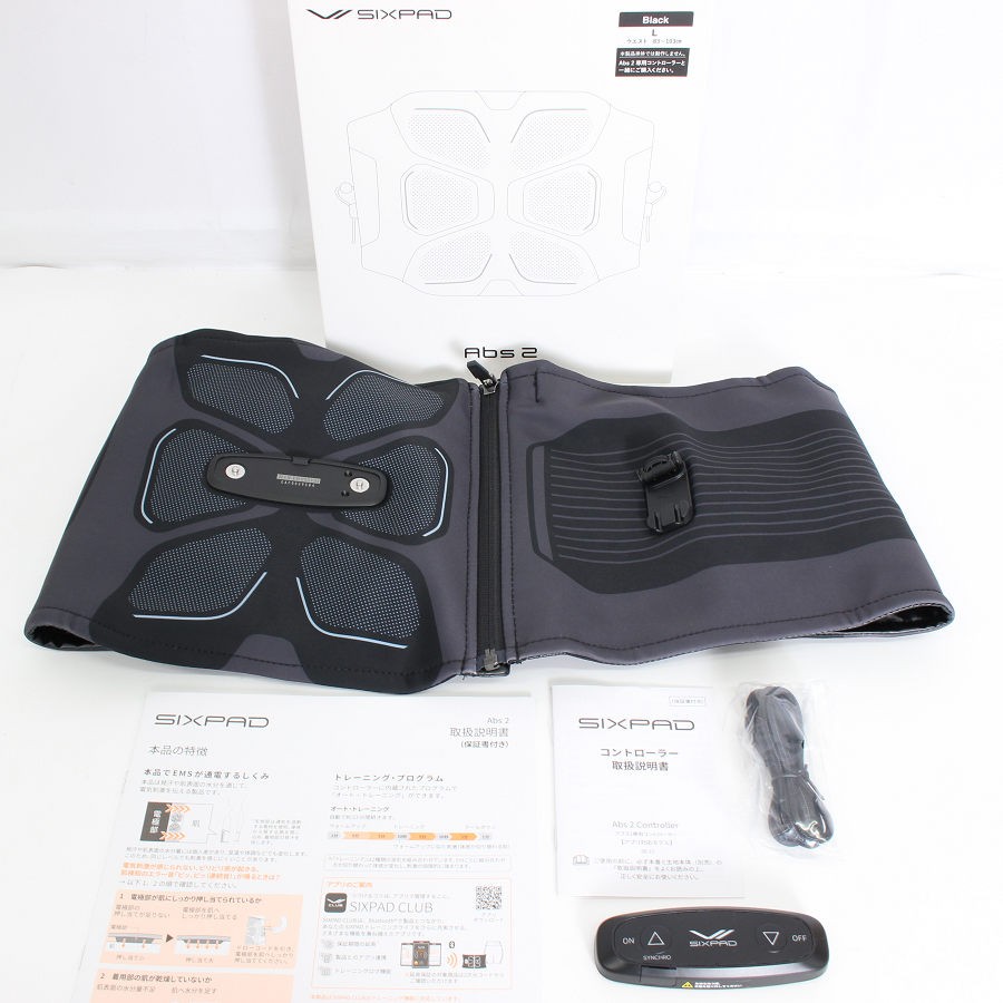 ■商品名 【美品】MTG SIXPAD Abs 2 SE-CK-03C-L ブラック リモコン付き Lサイズ シックスパッド アブズ 本体 ■商品状態 【A】大きなダメージもなく程度良好の美品 ・USED品ではございますが大きなダメージや汚れなどもなく状態の良い商品です。 ・専用コントローラーセットで、動作確認済みのためご購入後はすぐにご使用いただけます。 ・自社で梱包して発送いたします。 ※付属品は画像にあるものが全てとなります。 ■元箱・説明書について ・元箱：あり ・説明書：あり ・保証書：あり（印字なし） ◆さらに、進化したアブズ2。 ◆腹筋を鍛えたいあなたへ。手にしやすく、使いやすく。腹筋を集中的に鍛える、エントリーモデル。 ◆アブズフィットの発売から10年。ジェルシートや水が不要となり、ついに「巻くだけ」の手軽さを実現。 ■商品ランク説明 当店が定める商品ランクは下記の商品状態からランク分けをおこなっております。 【N】未使用品 【S】数回使用程度の美品 【A】大きなダメージもなく程度良好の美品 【B】一般的な使用感のある商品 【C】傷、汚れがあり使用感を感じるUSED品 【D】傷・汚れなどが多く見受けられる難有品 【E】ジャンク品 ■発送について ・佐川急便でお支払い確認後、2営業日以内に発送いたします。 ※沖縄県及び離島のお客様はゆうパックでの【着払い】となりますので予めご了承ください。 ■古物商許可証 【大阪府公安委員会：第621010150412号】 ■ご購入の前にお読みください ・当店の明らかな商品説明の記載ミス等でない限り、ご購入後の返金・返品等の対応はできません。 ・ご購入後、3日以上ご連絡が取れないお客様につきましては、誠に勝手ながら購入の意思なしと判断し、キャンセル扱いとさせていただく場合がございますので予めご了承ください。 ■返金・返品について ・購入した商品と異なる場合 ・説明欄に記載のない大きなダメージがあった場合 ・サイズや記載と違うお色の場合 ・初期動作不良があった場合 上記の内容に該当する場合のみ返金・返品をお受けいたします。 ※若干の状態の違いなどの個人的主観、ご注文間違いやスペックの認識の相違、思っていた商品と違うなど、個人的な理由での返品はお受けできません。 ■商品番号 062031