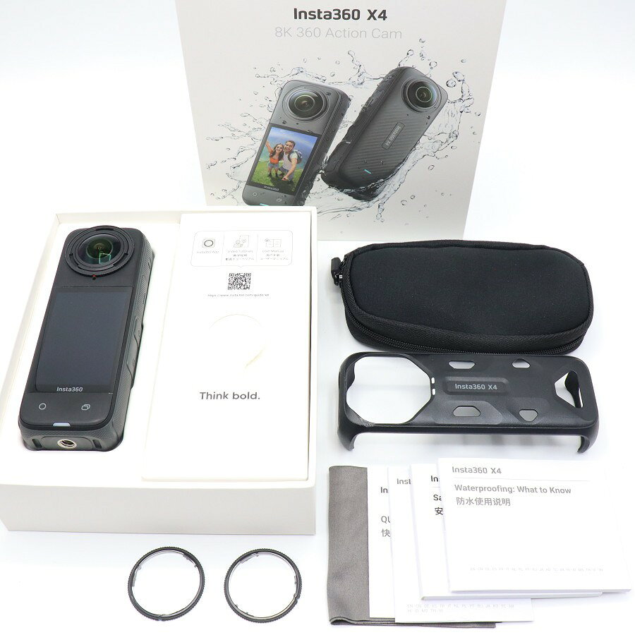■商品名 Insta360 X4 CINSABMA 360度カメラ 全天球 インスタ360 パノラマ 本体 ■商品状態 【B】一般的な使用感のある商品 ・本体には使用に伴う細かな擦れキズがございます。 ・USBケーブルが欠品しておりますが、別の製品にて代用可能です。 ・純正のサーモグリップカバーが付属しております。 ・動作確認済みのためご購入後はすぐにご使用いただけます。 ・自社で梱包して発送いたします。 ※付属品は画像にあるものが全てとなります。 ■元箱・説明書について ・元箱：あり ・説明書：あり ◆8K360度撮影ができるアクションカメラ。録画した後でベストアングルを選べるので、撮り逃す心配がない。 ◆「シングルレンズモード」で通常のアクションカメラとして使用すると、4K60fpsでさらにスムーズな撮影ができる。水深10mのIPX8防水機能を搭載。 ◆三人称視点ショットやドローンのようなアングルでの撮影ができる。バッテリーは2290mAhと大容量化し、5.7K30fpsで135分の録画が可能。 ■商品ランク説明 当店が定める商品ランクは下記の商品状態からランク分けをおこなっております。 【N】未使用品 【S】数回使用程度の美品 【A】大きなダメージもなく程度良好の美品 【B】一般的な使用感のある商品 【C】傷、汚れがあり使用感を感じるUSED品 【D】傷・汚れなどが多く見受けられる難有品 【E】ジャンク品 ■発送について ・佐川急便でお支払い確認後、2営業日以内に発送いたします。 ※沖縄県及び離島のお客様はゆうパックでの【着払い】となりますので予めご了承ください。 ■古物商許可証 【大阪府公安委員会：第621010150412号】 ■ご購入の前にお読みください ・当店の明らかな商品説明の記載ミス等でない限り、ご購入後の返金・返品等の対応はできません。 ・ご購入後、3日以上ご連絡が取れないお客様につきましては、誠に勝手ながら購入の意思なしと判断し、キャンセル扱いとさせていただく場合がございますので予めご了承ください。 ■返金・返品について ・購入した商品と異なる場合 ・説明欄に記載のない大きなダメージがあった場合 ・サイズや記載と違うお色の場合 ・初期動作不良があった場合 上記の内容に該当する場合のみ返金・返品をお受けいたします。 ※若干の状態の違いなどの個人的主観、ご注文間違いやスペックの認識の相違、思っていた商品と違うなど、個人的な理由での返品はお受けできません。 ■商品番号 063226