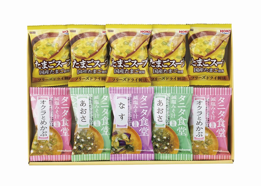丸の内タニタ食堂の減塩みそを使用し、だしを加えておいしく仕上げたみそ汁と、国産たまごを使った、たまごスープのセット。保存や持ち運びに便利です。〜タニタ食堂監修 「米みそ」使用の減塩みそ汁〜オクラとめかぶオクラとめかぶのねばねば具材にゴマで風味をプラスしました。あおさ風味豊かなあおさと定番の豆腐の組み合わせです。なすジューシーななすとわかめ、ねぎの組み合わせです。たまごスープ国産たまごを使用。ふんわりした卵の食感が楽しめます。 ■ブランド：タニタ食堂監修 ■メーカー品番：TH-BE ■温度帯：常温 ■賞味期間（製造日から）：300日間 ■商品内容：タニタ食堂監修減塩みそ汁（あおさ×2・オクラとめかぶ×2・なす）・宝幸たまごスープ×5 【卵・小麦】 ■箱サイズ：箱230×330×40mm ■商品重量：250g ■メーカーコード：20208 ■生産国：日本 ■備考：※★マークが付いた商品は軽減税率の適用対象商品となります。