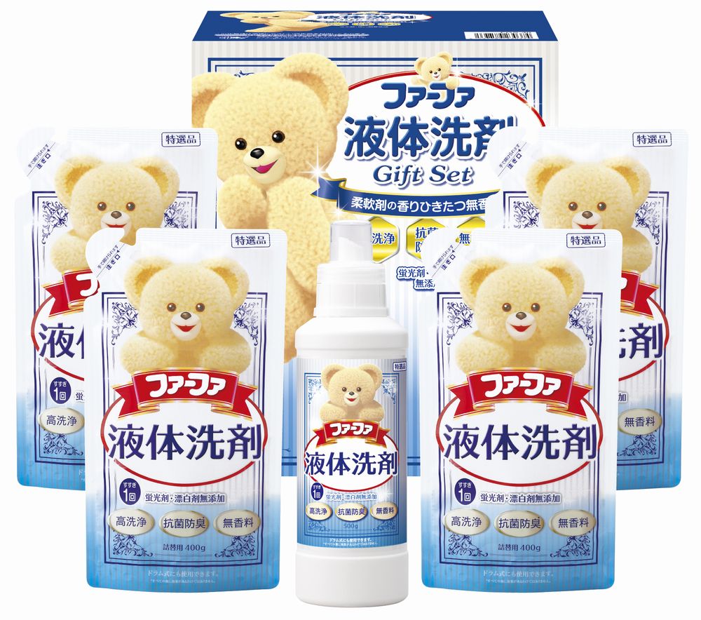 抗菌・防臭・高洗浄機能をプラスした柔軟剤の香りがひきたつ無香料液体洗剤。すすぎ1回で節水・節電・時短にもなるかわいいファーファの洗剤ギフトです。 ■ブランド：ファーファ ■メーカー品番：FGS-30 ■商品内容：ファーファ液体洗剤無香料（本体500g・詰替400g×4） ■箱サイズ：箱237×200×145mm ■商品重量：2350g ■メーカーコード：22019 ■生産国：日本 ■備考：※メーカー都合により、デザイン・内容等が変更になる場合がございます。