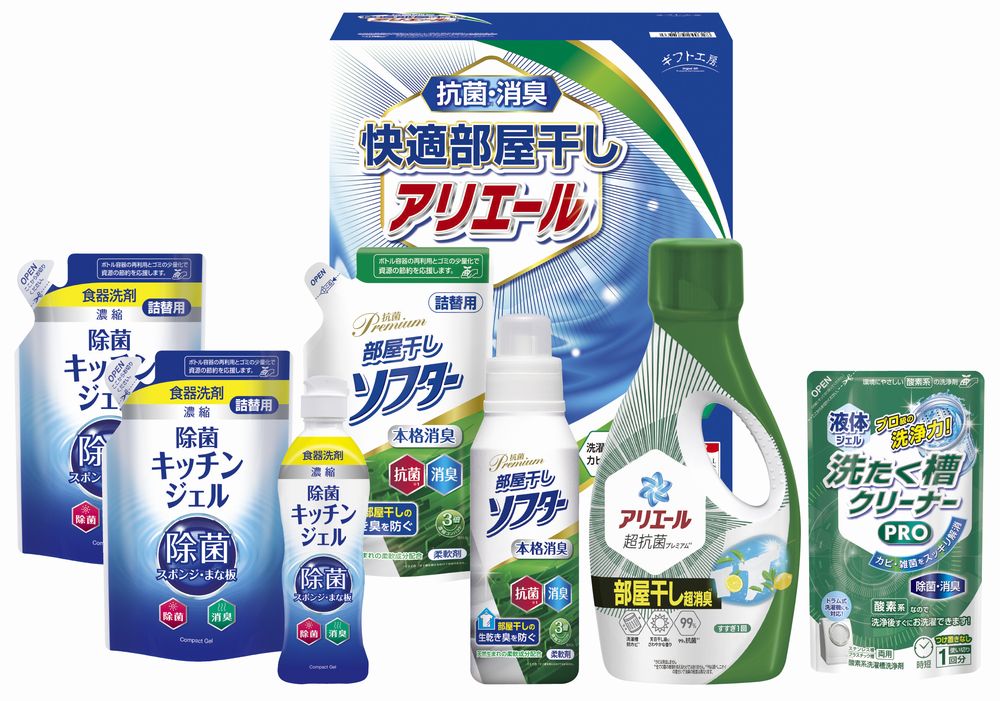生乾き臭・カビ臭にWで効く部屋干し用のアリエールジェルと本格消臭の抗菌部屋干しソフター、食器洗剤除菌キッチンジェルが入ったクリーンギフトです。 ■ブランド：ギフト工房 ■メーカー品番：HLG-40F ■商品内容：アリエールジェル部屋干し超消臭700g・除菌キッチンジェル（本体200ml・詰替160ml×2）・抗菌部屋干しソフター（本体300g・詰替300g）・液体洗たく槽クリーナーPRO200g ■箱サイズ：箱280×243×150mm ■商品重量：2680g ■メーカーコード：22019 ■生産国：日本 ■備考：※メーカー都合により、デザイン・内容等が変更になる場合がございます。