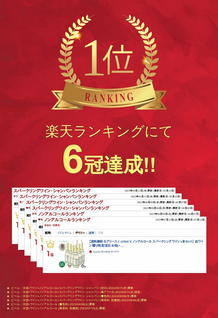 Regaloレガーロセレクトギフトの【クリスマス ノンアルコールワイン】【送料無料 カプリース CAPRICE ノンアルコール スパークリング ワイン 6本セット】 白ワイン 贈り物 記念日 お祝い まるで高級シャンパンそのもの 750ml ギフト プレゼント 箱買い ケース買い｜アングル3