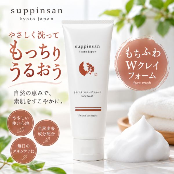 商品情報内容量120g成分水、ミリスチン酸、ステアリン酸、グリセリン、水酸化K、ラウリン酸、ジグリセリン、ソルビトール、ベントナイト、BG、ベタイン、コメデンプン、トレハロース、デシルグルコシド、ラウリルグルコシド、ラベンダー油、海シルト、ビオサッカリドガム-1、カイコまゆエキス、イチゴ果実エキス、チャ葉エキス、ビワ葉エキス、ヨモギ葉エキス、コメヌカエキス、ダイズ種子エキス製造国日本（京都）メーカー京のすっぴんさんご注意直射日光や高温多湿を避けて常温で保管してください。● お肌に合わない時はご使用をおやめください。● 傷、湿疹等、お肌に異常のある部位には使用しないでください。● 目に入らないようにご注意ください。目に入った場合は直ちに洗い流してください。● 使用中、または使用後に赤み、腫れ、痒み、刺激、白抜け（白班等）や黒ずみの異常が出たら使用を中止し、専門医等にご相談ください。京のすっぴんさん もちふわWクレイフォーム face wash 120g 洗顔 軽いメイク落とし 天然由来成分100％ もちふわの弾力泡で至福の洗顔タイム ■米の弾力泡が、お肌全体をふんわり包み込んで、優しくしっとりと洗い上げます。■天然のクレンジング機能をもつWのクレイ（沖縄産海泥+日本産火山泥）が汚れをしっかり吸着するので、もちふわの泡を肌の上でかる～く転がすだけでOK。■軽いメイク落とし～朝洗顔まで使える、天然由来のマイルド処方です。・肌のストレスになるような合成防腐剤、合成香料、鉱物油等、その他石油由来系化学物質は使用せず、天然由来成分のみを使用しています。・「無添加だから使いづらい」から「無添加でしかも使いやすい」への発想の転換で毎朝ストレスなく、ラクに楽しめるスキンケアを提案します。・京のすっぴんさんは、極力無駄な成分を省き肌の新陳代謝や再生能力を妨げないように考えられ、伝統素材を取り入れた天然由来成分たっぷりのシンプル処方になっています。 5