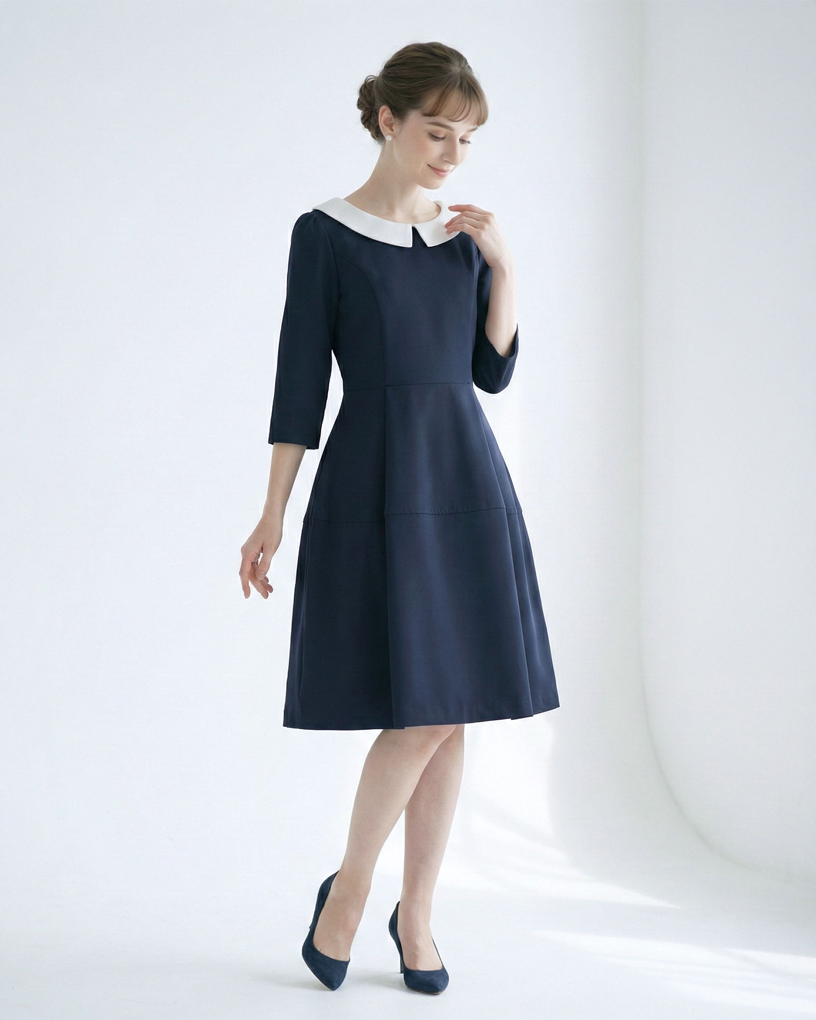 【キレイ ワンピ マリア】春 夏 秋 冬 ALL きれいめ キレイめ 上品 シンプル 入学式 入園式 卒業式 卒園式 フォーマル 七五三 お宮参り 通勤 膝丈 膝下 七分 襟付 小さいサイズ お家洗い可 高伸縮 体系カバー レディース レジーナ 神戸 ワンピース - Image 2