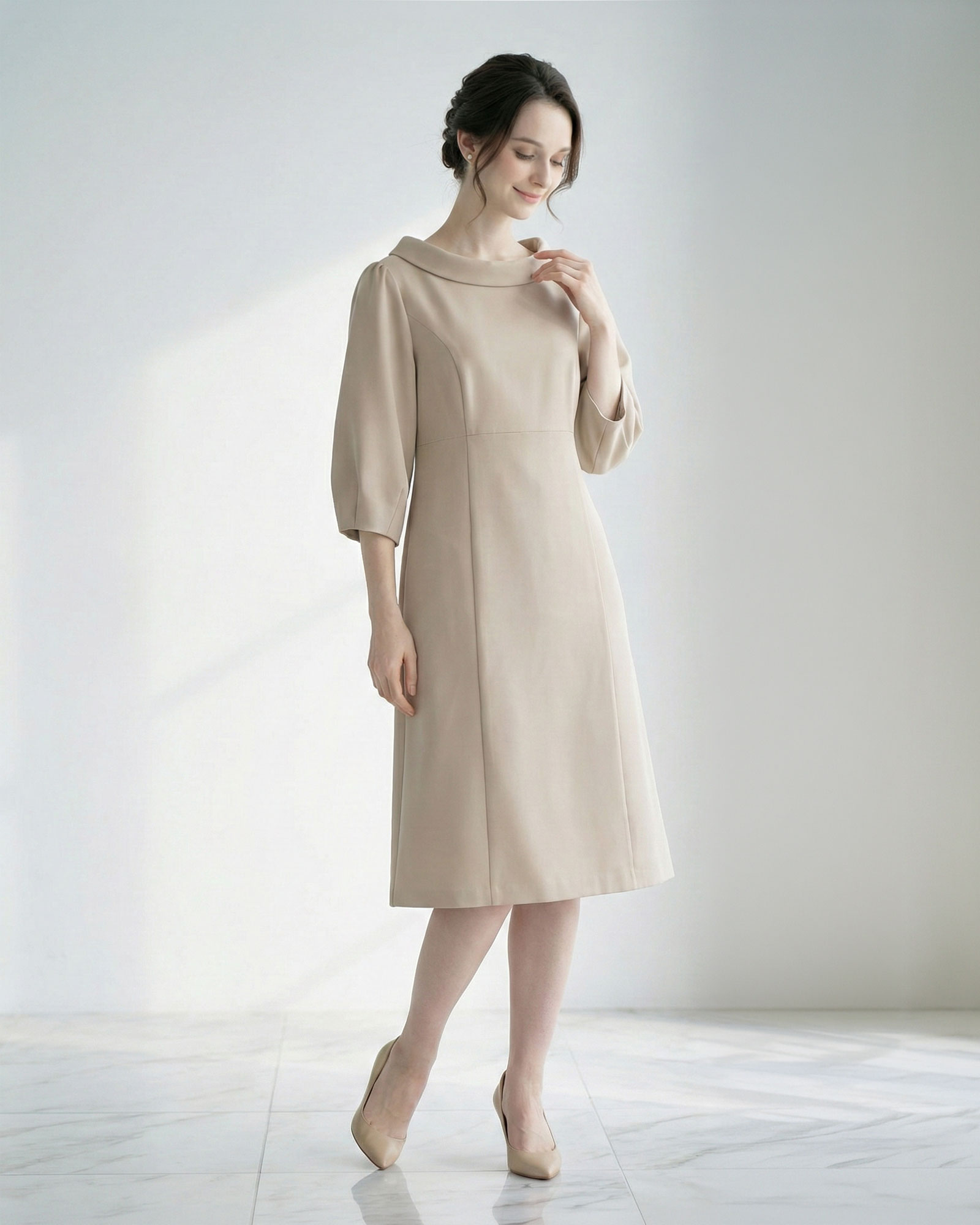 【キレイ ワンピ マリー】61-a 春 夏 秋 冬 ALL きれいめ キレイめ 上品 シンプル 清楚 ママ 入学式 入園式 卒業式 卒園式 フォーマル 七五三 お宮参り 通勤 膝丈 膝下 七分 襟付 小さいサイズ 大きいサイズ お家洗い可 高伸縮 レディース レジーナ 神戸 ワンピース