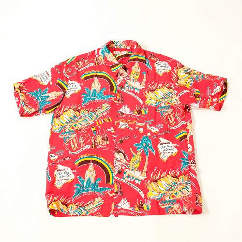 【中古】SUN SURF サンサーフ RAYON HAWAIIAN SHIRT “HISTORY OF THE ISLANDS” アロハシャツ SS39013 Mサイズ レッド 【F-17417】 wa◇129