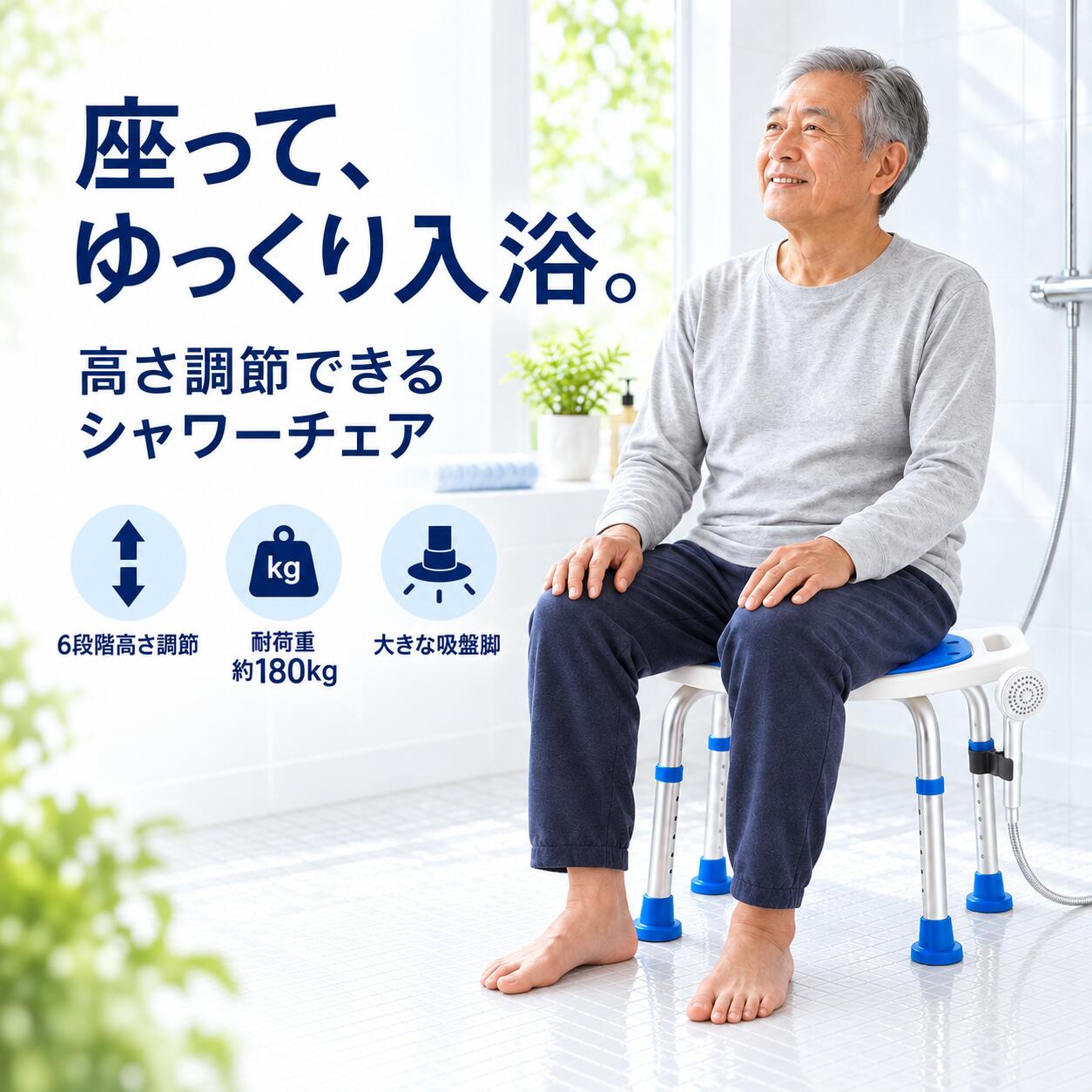 【エントリーでP10倍】シャワーチェア 風呂椅子 高さ6段階調節 クッション座面 水抜き穴 滑り止め 吸盤脚 入浴補助 介護用 コンパクト 工具不要 ブルー- rehand
