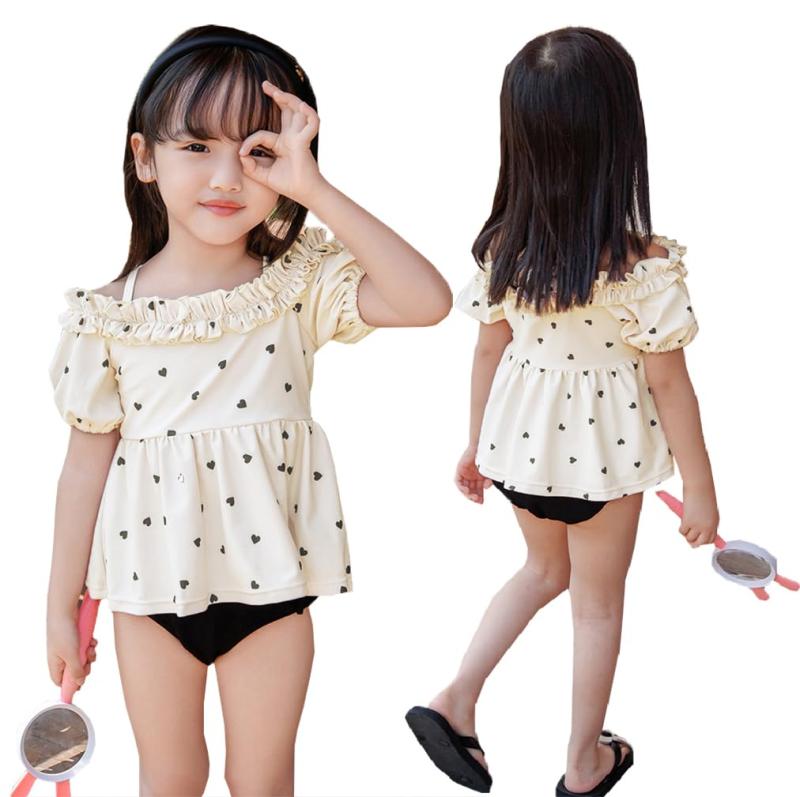 [YOUHA] キッズ 水着 女の子 セパレート スイムキャップ 3点セット オフショルダートップス 半袖 ショーツ 肩ひも調節 アジャスター 裏地あり 胸元 フロントライナー 日焼け対策
