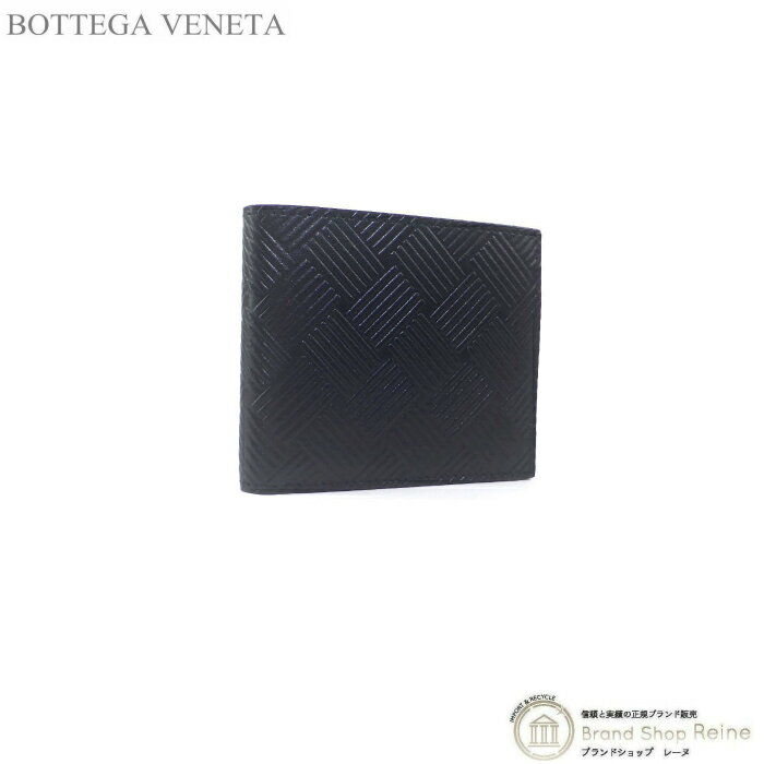 ボッテガ・ヴェネタ 二つ折り財布（メンズ） ボッテガ ヴェネタ （BOTTEGA VENETA） 型押しイントレチャート コインパース付き 二つ折り 財布 605722 ブラック メンズ【新品】