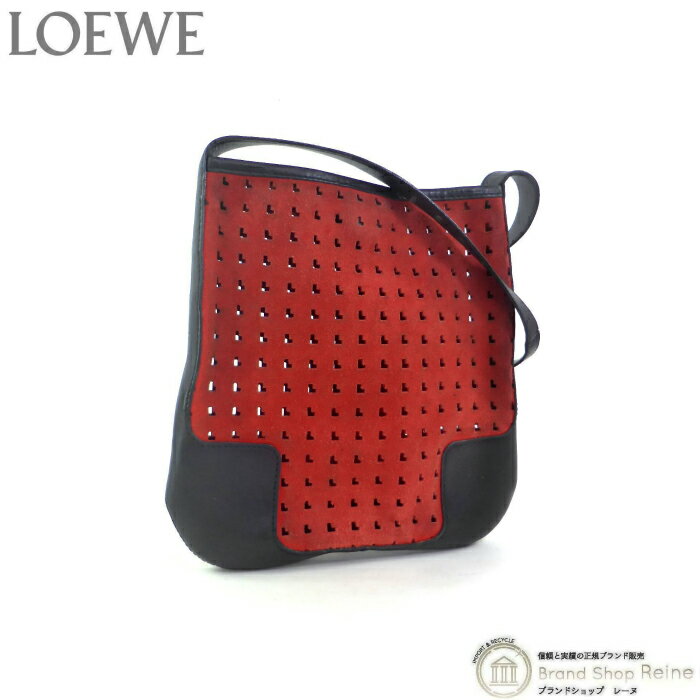 【2,000円OFFクーポンで値引き！】ロエベ （LOEWE） L字 パンチング スモール スエード×カーフ 肩掛け ショルダー ハンド バッグ ヴィンテージ レッド×ブラック【中古】