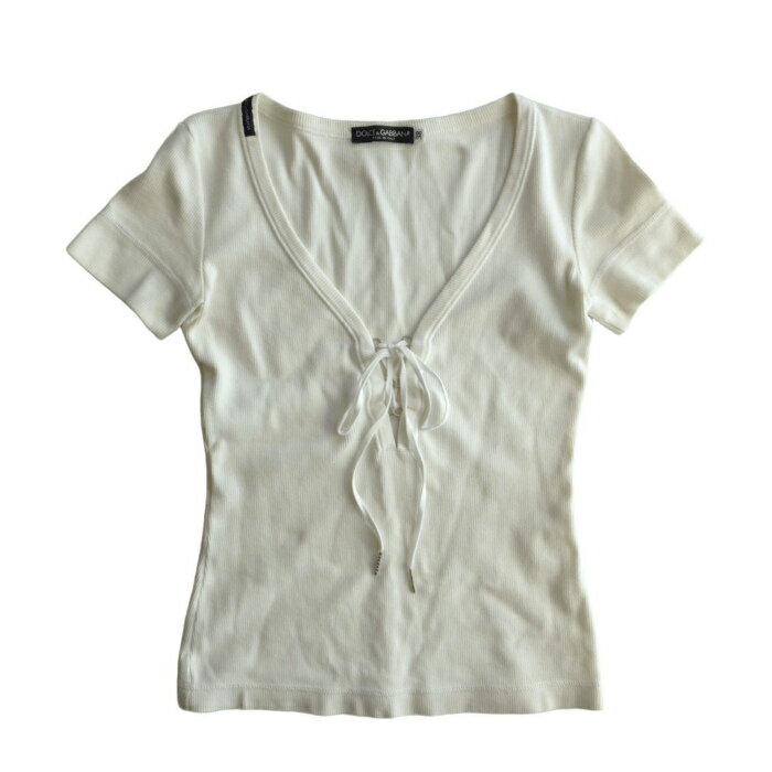 樂天商城 - ドルチェアンドガッバーナ （DOLCE&GABBANA） コットン レースアップ リブ トップス Vネック Tシャツ 半袖 38 ホワイト ウェア【中古】