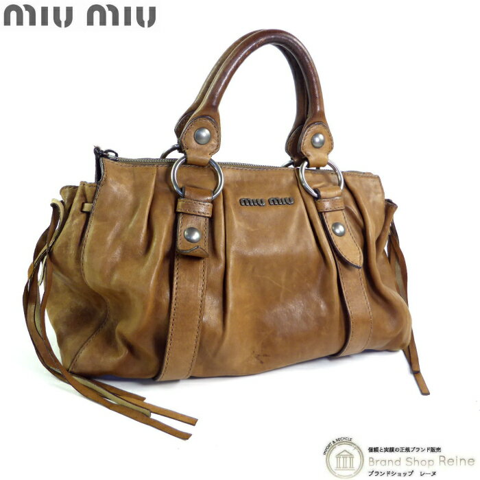 楽天ブランドショップ　Reine【2,000円OFFクーポンでお得！】ミュウミュウ （MIUMIU） タック入り ヴィッテロ ラックス VITELLO LUX メタルロゴ ハンド バッグ ヴィンテージ ブラウン【中古】