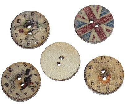 クラフトボタン100個ミックスパック　イギリス&小鳥プリントウッドボタン（アンティーク風のかすれたプリント） ミックスデザイン木製ボタン(20mm)