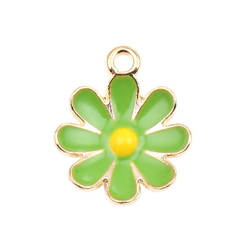 ●取寄品●エナメルチャームメタルチャーム(20個)デージーフラワーデザイン 緑色／18mm×15mm