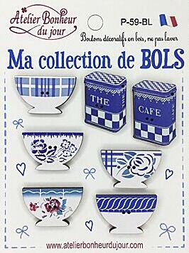 ●取寄品●フランス製　木製ボタンシート（3パック）　アトリエ ボヌール ドゥ ジュール カフェボウルコレクション（ブルー）デザイン