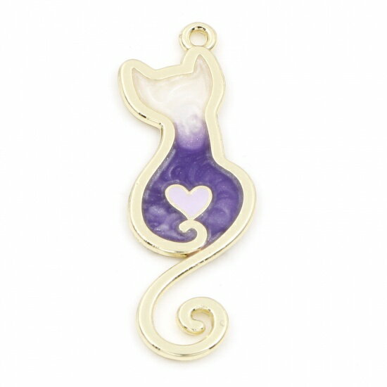 ●取寄品●メタルチャームパーツ10個　ハート猫デザイン（紫グラデーションカラー）　アクセサリーパーツ..
