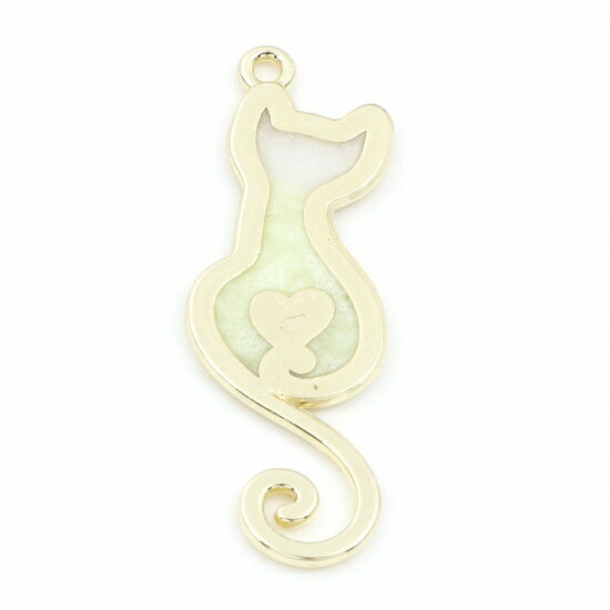 ●取寄品●メタルチャームパーツ10個　ハート猫デザイン（黄緑色グラデーションカラー）　アクセサリーパ..