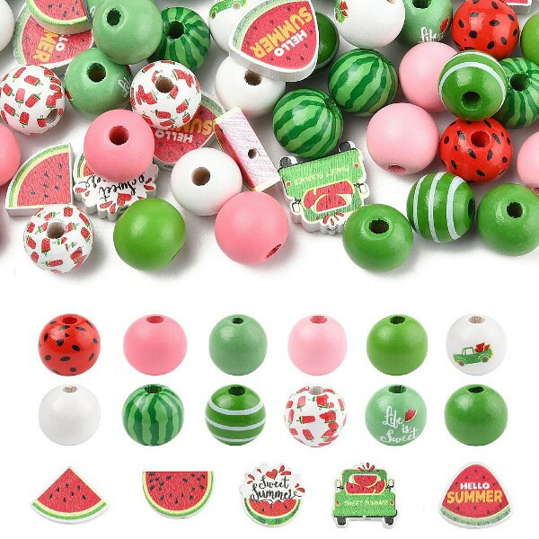 ●取寄品●木ウッドビーズ　夏のスイカ型ミックスカラー（約100個）クラフトWOOD木製ビーズ