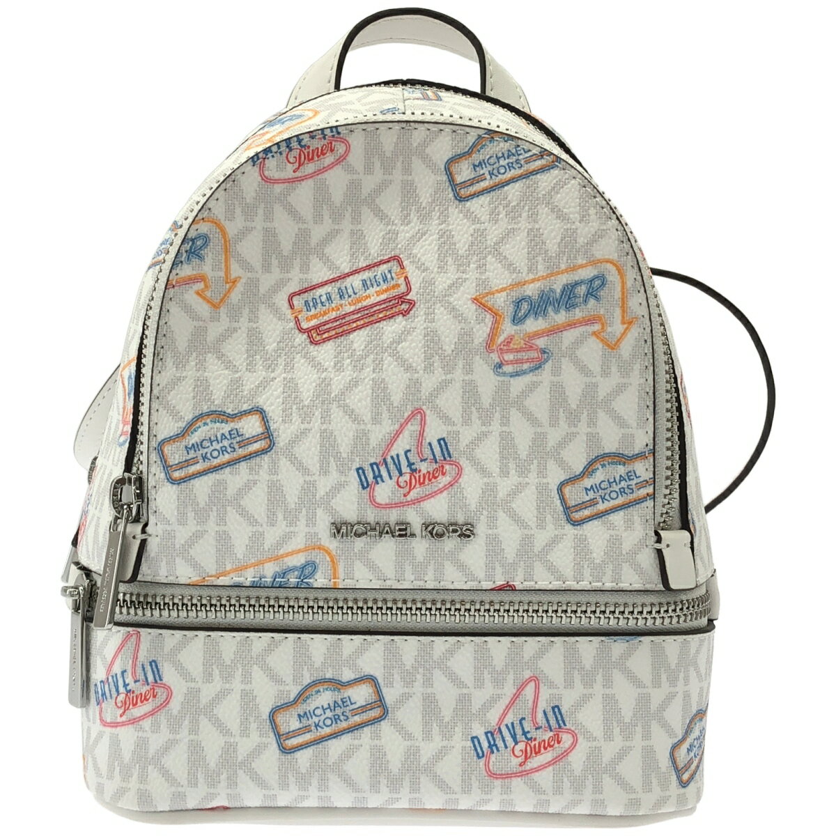 【中古】MICHAEL KORS マイケルコース RHEA リア エクストラスモール MK柄 PVC×レザー リュックサック　ホワイト