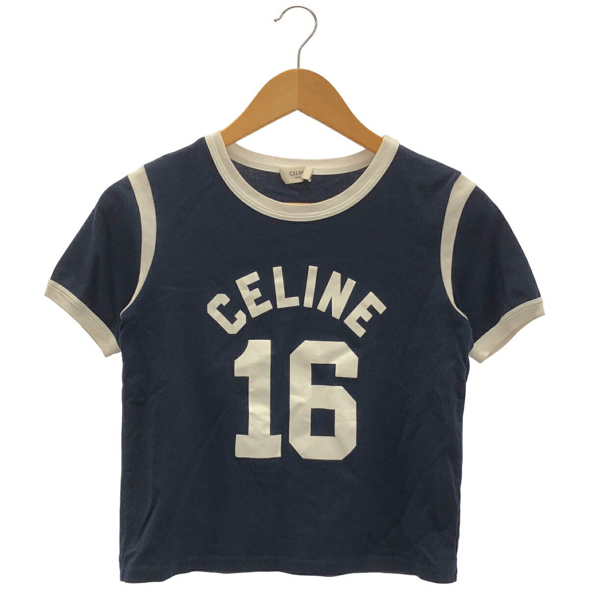 Rakuten - 【中古・XS】【美品】　セリーヌ　CELINE　クルーネック Tシャツ カットソー ダークネイビー/ホワイト レディース
