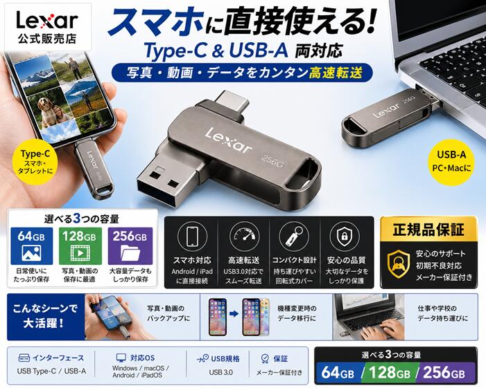 Lexar USBメモリ Type-C iphone USB3.1 高速データ移行 スマホ対応 USB 64GB 128GB 256GB 高速転送 Android iPad PC対応 バックアップ Type-A デュアル フラッシュメモリ 外付けメモリ 最大400MB/s レキサー公式販売 国内正規品 5年保証