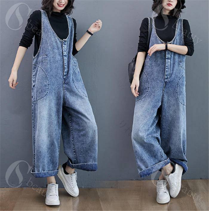 りれーしょん23楽天市場店のレディース サロペット デニム オールインワン サロペットパンツ ロング丈 ワイドパンツ 大きいサイズ 30代 40代 50代 体型カバー つなぎ オーバーオール デニムサロペット Uネック ゆったり ゆる カジュアル シンプル ポケット付き 送料無料｜アングル2