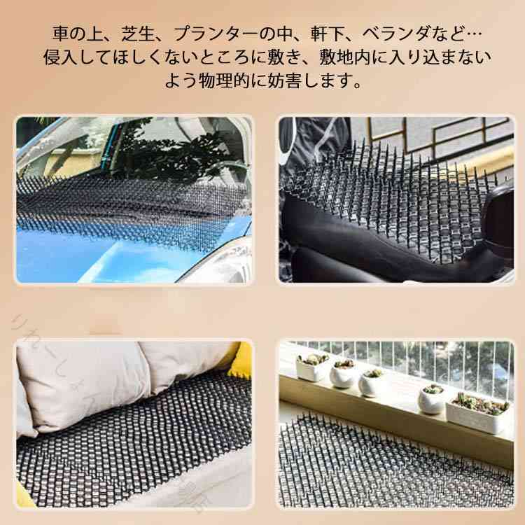 猫よけシート 43x35cm(3枚セット)害獣やノラ猫対策に！ノラ猫のフン・おしっこ・侵入・ペットのイタズラに困っている方に。車の上、芝生、プランターの中、軒下、ベランダなど…侵入してほしくないところに敷き、敷地内に入り込まないよう物理的に妨害します。柔らかいプラスチック素材を使用していますので、近寄ってきた動物を傷つけずに対策ができます。飼い猫が家の中でイタズラをしてしまう場所に設置するのもオススメ！ サイズ横幅43*奥行35cm(3枚セット)サイズについての説明横幅43x奥行35cm素材プラスチック色ブラック備考 ●サイズ詳細等の測り方はスタッフ間で統一、徹底はしておりますが、実寸は商品によって若干の誤差(1cm〜3cm )がある場合がございますので、予めご了承ください。●製造ロットにより、細部形状の違いや、同色でも色味に多少の誤差が生じます。●パッケージは改良のため予告なく仕様を変更する場合があります。▼商品の色は、撮影時の光や、お客様のモニターの色具合などにより、実際の商品と異なる場合がございます。あらかじめ、ご了承ください。▼生地の特性上、やや匂いが強く感じられるものもございます。数日のご使用や陰干しなどで気になる匂いはほとんど感じられなくなります。▼同じ商品でも生産時期により形やサイズ、カラーに多少の誤差が生じる場合もございます。▼他店舗でも在庫を共有して販売をしている為、受注後欠品となる場合もございます。予め、ご了承お願い申し上げます。▼出荷前に全て検品を行っておりますが、万が一商品に不具合があった場合は、お問い合わせフォームまたはメールよりご連絡頂けます様お願い申し上げます。速やかに対応致しますのでご安心ください。 指定された配送時間は承っておりません。【りれーしょん23楽天市場店】