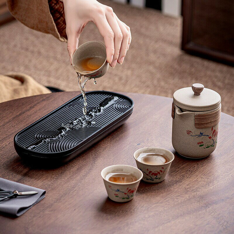 りれーしょん23楽天市場店の旅行 ティーセット 携帯用 茶器セット 中国茶器セット 番茶器セット 陶器 湯呑セット 茶皿 茶器乾燥 ティートレー 茶道具 簡単 1-3人用 収納バッグ付き お出かけ用 旅行 中国茶 日本茶 紅茶 ピクニック キャンプ｜アングル3