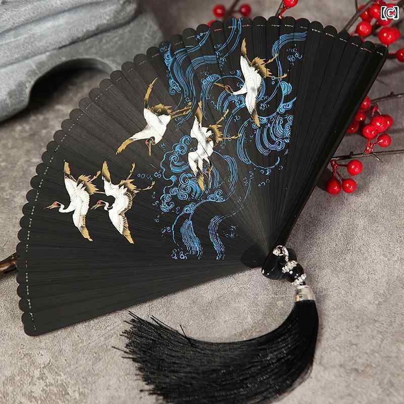 乐天商城 - 扇子 レディース メンズ 竹製 和風 小物 雑貨 大きめ タッセル 春夏 上品 おしゃれ ポータブル 浴衣 着物 普段使い レトロ モダン 鶴 花 黒 赤 青 プレゼント