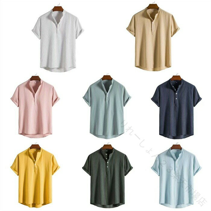 乐天商城 - メンズ T シャツ 半袖 ヘンリー T シャツ ボタン 立ち襟 ヘンリーネック ストライプ プルオーバーシャツ 夏服 トップス ゆったり ファッション かっこいい おしゃれ カジュアル メンズファッション 通勤 ビジネス 日常 通学 父の日