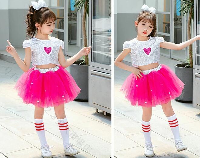 子供ダンス衣装 チュールスカート スパンコール セットアップ キラキラ キッズダンス チュチュ 女の子 チアダンス ステージ衣装 発表会 舞台服 応援団 文化祭 学園祭 ジュニア 110 120 130