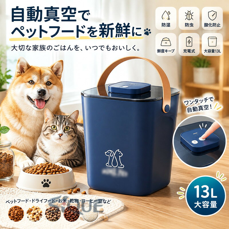 USB充電式で簡単操作！ワンタッチで自動的に空気を抜いて、容器内を真空状態に保ち、食材の劣化を防ぎます。梅雨・夏場など湿気の多い季節にも安心！さらにおしゃれなデザインで、キッチンや収納棚でもスマートに設置できます。機能：自動空気抜き機能／真空保持／密閉保存／防湿／防虫／酸化防止。対応食品：ペットフード・ドライフード・パン・粉もの・乾物・コーヒー豆・お米など。 サイズ 13L サイズについての説明 電池容量：1500mAh電源：USB充電式（Type-Cケーブル付属）製品容量：13L （例：ペットフード 約4〜5kg／お米 約10kg相当 素材 食品用PP＋シリコンパッキン（BPAフリー） 色 ホワイト イエロー ネイビー 備考 ●サイズ詳細等の測り方はスタッフ間で統一、徹底はしておりますが、実寸は商品によって若干の誤差(1cm〜3cm )がある場合がございますので、予めご了承ください。 ●製造ロットにより、細部形状の違いや、同色でも色味に多少の誤差が生じます。 ●パッケージは改良のため予告なく仕様を変更する場合があります。 ▼商品の色は、撮影時の光や、お客様のモニターの色具合などにより、実際の商品と異なる場合がございます。あらかじめ、ご了承ください。 ▼生地の特性上、やや匂いが強く感じられるものもございます。数日のご使用や陰干しなどで気になる匂いはほとんど感じられなくなります。 ▼同じ商品でも生産時期により形やサイズ、カラーに多少の誤差が生じる場合もございます。 ▼他店舗でも在庫を共有して販売をしている為、受注後欠品となる場合もございます。予め、ご了承お願い申し上げます。 ▼出荷前に全て検品を行っておりますが、万が一商品に不具合があった場合は、お問い合わせフォームまたはメールよりご連絡頂けます様お願い申し上げます。速やかに対応致しますのでご安心ください。 【原産国／製造国: 中国】 .真空保存容器、フードストッカー、ペットフードストッカーとして使える13L大容量タイプです。猫餌、犬餌、猫フード、犬フード、ドッグフード、キャットフード、フリーズドライフード、お米の保存に対応。自動真空、充電式で、鮮度キープと12倍保鮮をうたう保存容器です。梅雨対策、防虫、湿気防止、酸化防止、におい対策、食品保存、ペット用品におすすめ。猫、犬の餌を清潔に保管したい方に人気の保存ストッカーです。。 指定された配送時間は承っておりません。【りれーしょん23楽天市場店】