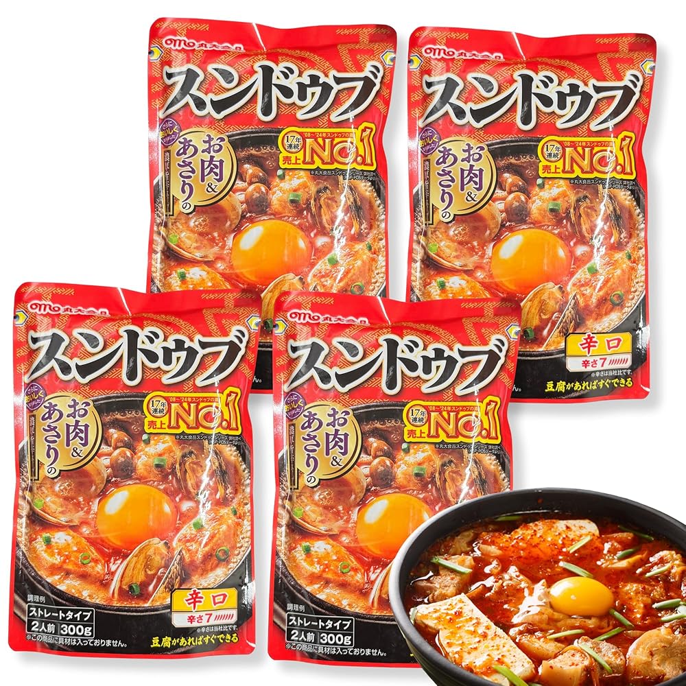 丸大食品 スンドゥブ チゲ用 スープ ×4袋 セット 濃厚 辛口(1袋あたり約 2人前 )豆腐を入れるだけ〔 韓国/家庭の味/あさり と牛だしの旨味〕
