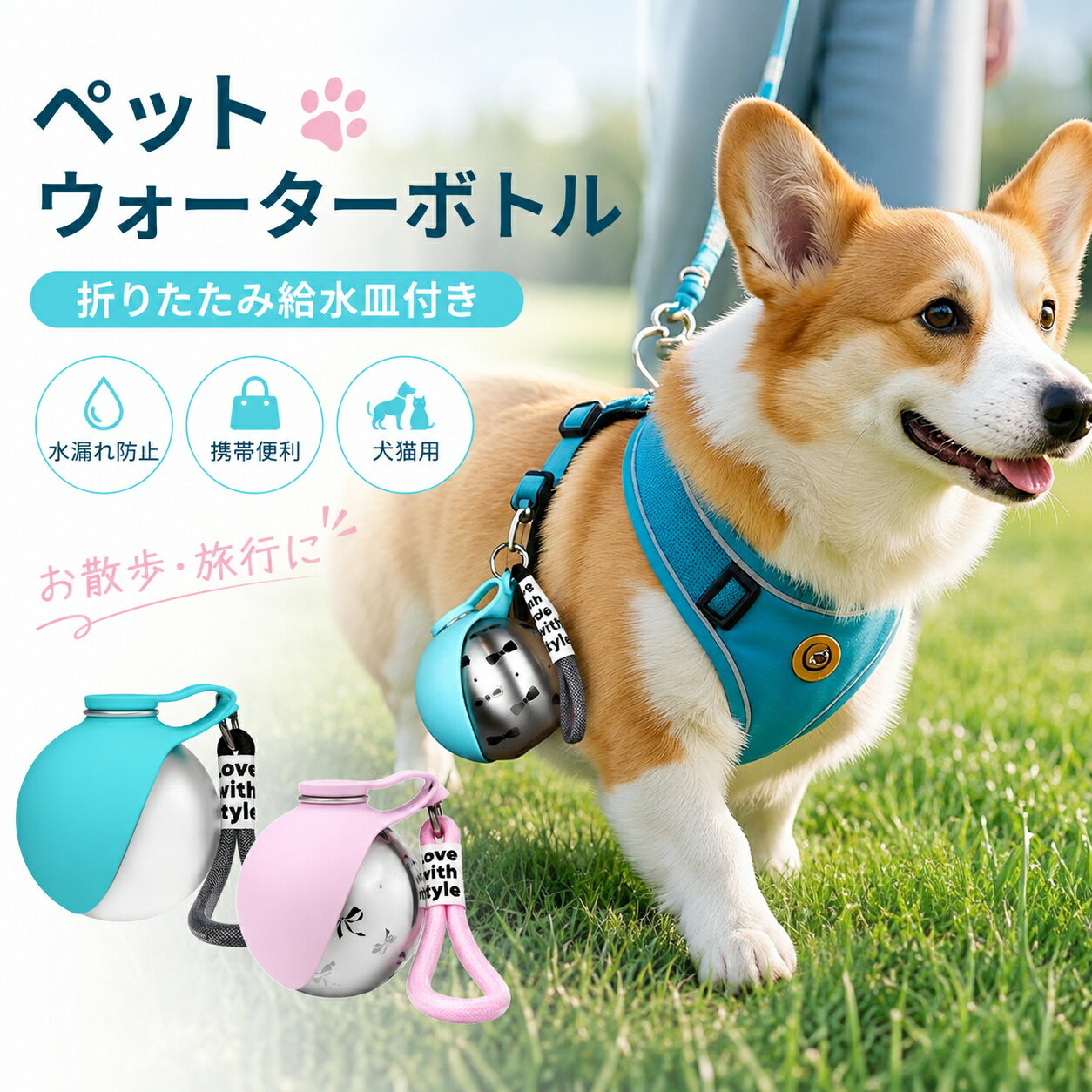 Rakuten - ペットウォーターボトル 給水器 水飲み 水槽付き 水漏れ防止 犬猫用 軽量 可愛い コンパクト 携帯便利 手軽に水分補給 お出かけ アウトドア 散歩 旅行 ペットグッズ